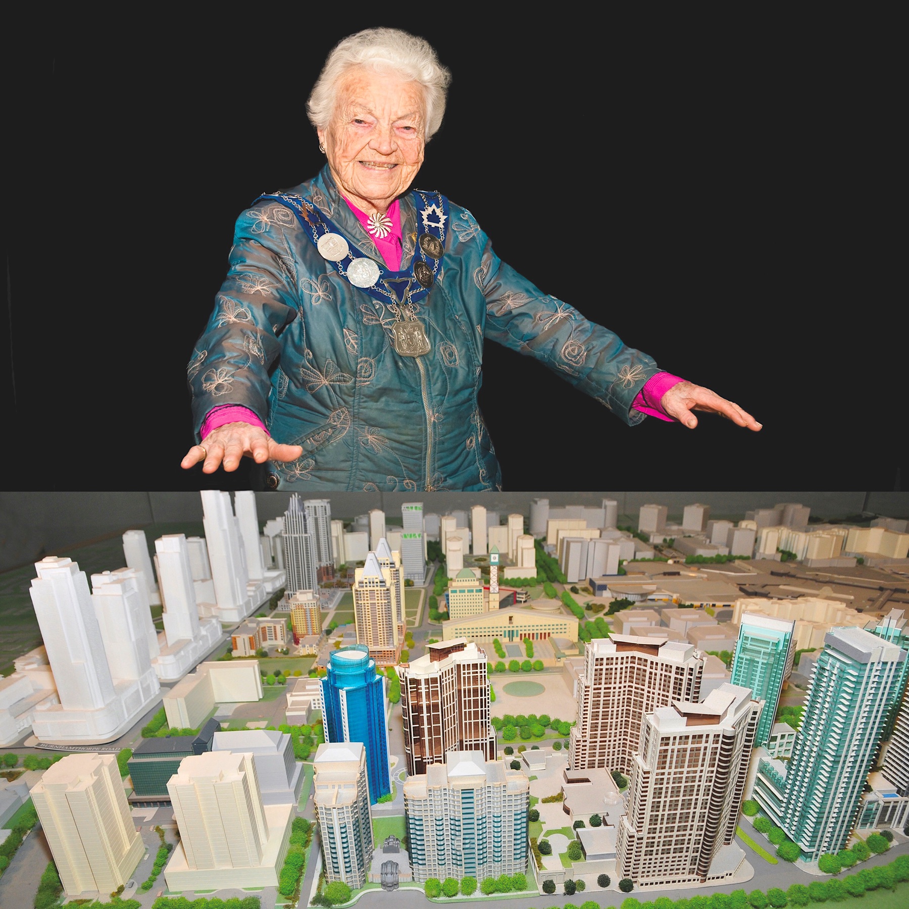 Hazel McCallion gesturing over a scale model of downtown Mississauga.